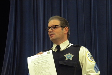  Chicago Police Department Town Hall (019) district sergeant Jason Clark responds to a question asked at the Buena Park Neighbors meeting Tuesday night  