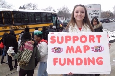  Two busloads of students traveled downtown to protest the lack of funding for the state's Monetary Award Program on Feb. 16. Commonly known as MAP grants, some 1,600 students at the Mount Greenwood university should have received these funds. However, the money has been withheld while Illinois legislators work towards a budget. 