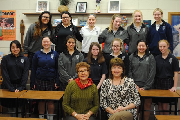  Nina Munizzi Lesch (front r.) will chaperone a trip to Spain with fellow teacher Laura Zeilner (front l.). The Mother McAuley students planning to attend the foreign study include: Delila Arreola of suburban Cicero, Jessica Bugayong of Evergreen Park, Emma Clark of Beverly, Alex Devlin of Oak Lawn, Gabbie Galvan of Bridgeport, Emily Gildea of Palos Park, Victoria Green of Roseland, Annabelle Hladik of Beverly, Morgan King of Palos Heights, Araceli Lara of West Lawn, Madeline Moody of Beverly, Annie Murnane of Beverly, Yaitzel Noriega of Gage Park and Cate Scott of Oak Lawn.  