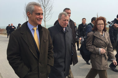  (from l.) Mayor Rahm Emanuel, Sen. Dick Durbin and Ald. Michele Smith (43rd) at a ribbon-cutting ceremony for the Fullerton Revetment project Wednesday afternoon. 