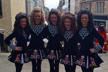  Marist High School students (from l.) Megan Wagner, Alyssa Hoban, Karen Folan, Grace O’Brien and Kiley Ross pose in Glasgow, Scotland, after taking first place in the Under-16 category at the Irish Dancing Commission’s World Championships. 
