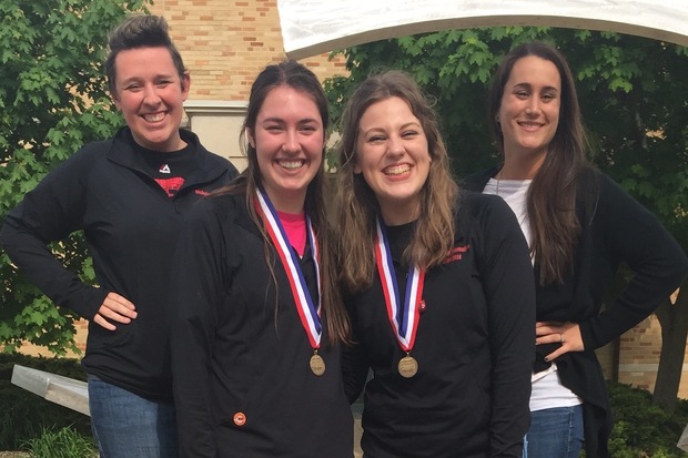  Natalie Delich (front left) of Beverly and Kristyna Kresic (front right) of suburban Oak Lawn won first place in the state journalism contest for yearbook theme development. The pair are flanked by advisors Diana Burban (top left) and Magen Newman (top right). 