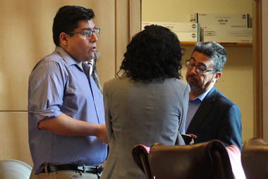  Aldermen Carlos Ramirez-Rosa and Danny Solis debate the proposed referendum on a municipal ID card before Monday's Rules Committee meeting. 