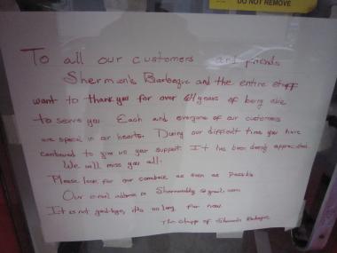 Sherman's Barbecue owner Sherann Grinan has posted a goodbye note to patrons on the door.