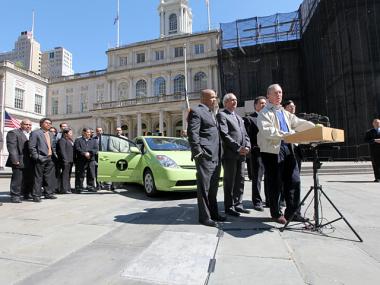 City officials unveiled the new Borough Taxi at City Hall on April 29, 2012.