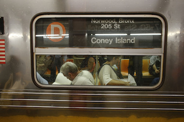  An MTA New York City transit subway D train. Aug. 13, 2013. 
