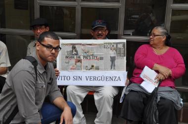  Protester Rafael Diaz, 24, stood with senior citizens from Ridgewood Bushwick Senior Citizen Council who opposed Vito Lopez's slated visit to the center. 
