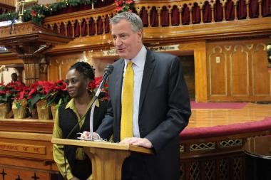  Mayor Bill de Blasio and his wife, Chirlane, spoke at the Brooklyn Academy of Music on Dr. Martin Luther King, Jr. Day, January 20, 2014. 
