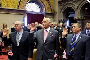  Longtime Assemblyman Denny Farrell (center) as he is sworn in for the Assembly's 234th session in January 2011. Farrell will face a primary challenger for the 71st District seat. 