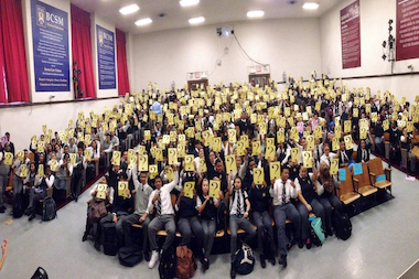  Students at the Bronx Center for Science and Math held up question marks at Senehi's kickoff performance. 