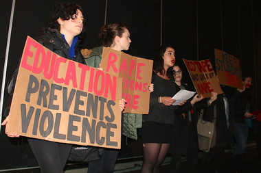  Student activists protested the university's new consent education policy, which they said will not be effective without a more interactive component.&nbsp; 