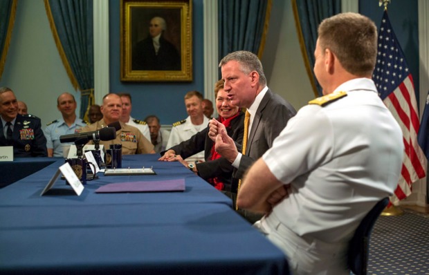  Some New York City veterans groups said that after almost a year and a half in office, Mayor Bill de Blasio has not taken the time to meet with them to hear issues directly from the groups who interact regularly with veterans from around the five boroughs. Here, de Blasio speaks at a veteran's roundtable discussion at City Hall Thursday. 