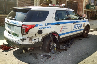  An intoxicated driver damaged this NYPD vehicle parked across from a precinct station house on Sunday, police said.  