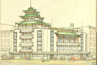  Poy Gum Lee, On Leong Tong, 83-85 Mott Street. Presentation Drawing., 1948, Ink and watercolor on paper, Courtesy of the Poy Gum Lee Archive. 