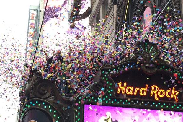  Organizers hurled confetti from the restaurant's marquee. 