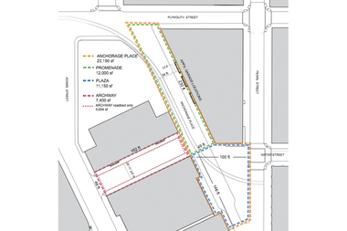  The outlined area shows the available space for a potential greenmarket at the Pearl Street Plaza. 