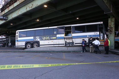  An MTA bus crashed into the overpass while driving on the FDR Service Road Monday, according to the FDNY. 