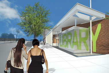 Renderings for the new library in East Elmhurst, which will be closed starting Nov. 23 for renovations.