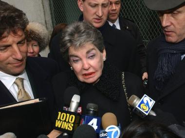 Leona Helmsley speaks to the press in 2003, after a former assistant accused her of firing him because he was gay.