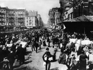 Hester Street bustling with activity in the late 1800s.