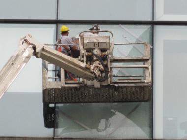 Shattered glass, six stories above Columbus Circle.