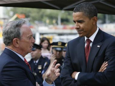 Mayor Michael Bloomberg and then-Senator Barack Obama at a 9/11 commemoration ceremony in 2008.