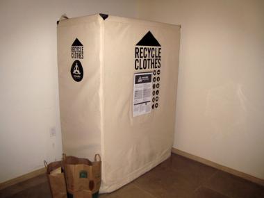 The company Wearable Collections places clothing recycling bins in apartment buildings as a way to make it convenient for residents to recycle.