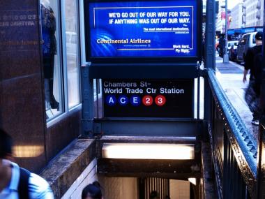 A subway entrance at the corner of Church Street and Park Place in lower Manhattan.