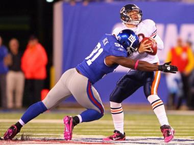 Justin Tuck sacks against Bears third string quarterback Caleb Hanie on Oct. 3.