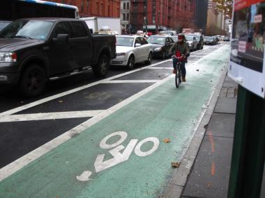 A Columbus Avenue bike lane. U.S. Census data recently found that fewer than one percent of New Yorkers ride their bikes to work.