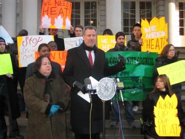 Public Advocate Bill de Blasio and State Sen. Liz Krueger are pushing for harsher punishments for landlords who fail to turn on the heat.