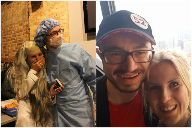 British couple Alice Burton and Matt Kaley got engaged during a Simpsons-themed triva Halloween night in Chicago.