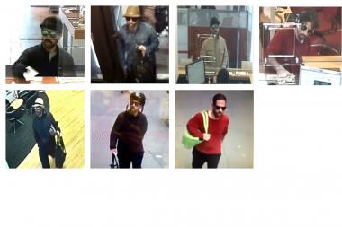 The suspect was most recently seen robbing an HSBC bank on East 89th Street in a red sweater and aviator sunglasses, seen at the top right.