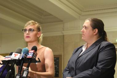  Performance artist Bea Sullivan-Knoff and her attorney Mary Grieb announce their suit against the city outside the offices of Mayor Rahm Emanuel. 