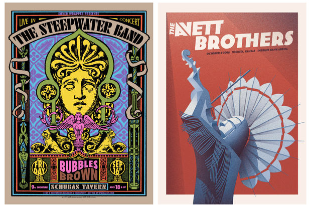  Kyle Baker’s “Silkscreen Gig Posters” exhibit will be on display through Feb. 7 at Saint Xavier University's art gallery in Mount Greenwood. Among the posters on display is the Steepwater Band at Schubas Tavern (left) and Avett Brothers at Intrust Bank Arena in Wichita, Kan. 